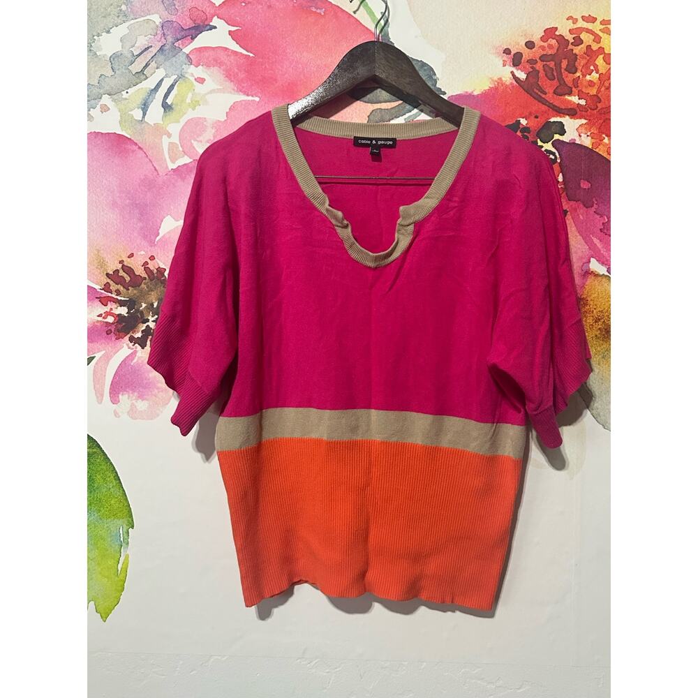 CABLE & GAUGE Pullover Lightweight Block Sweater Sz L Pink & Black 3/4 Sleeve